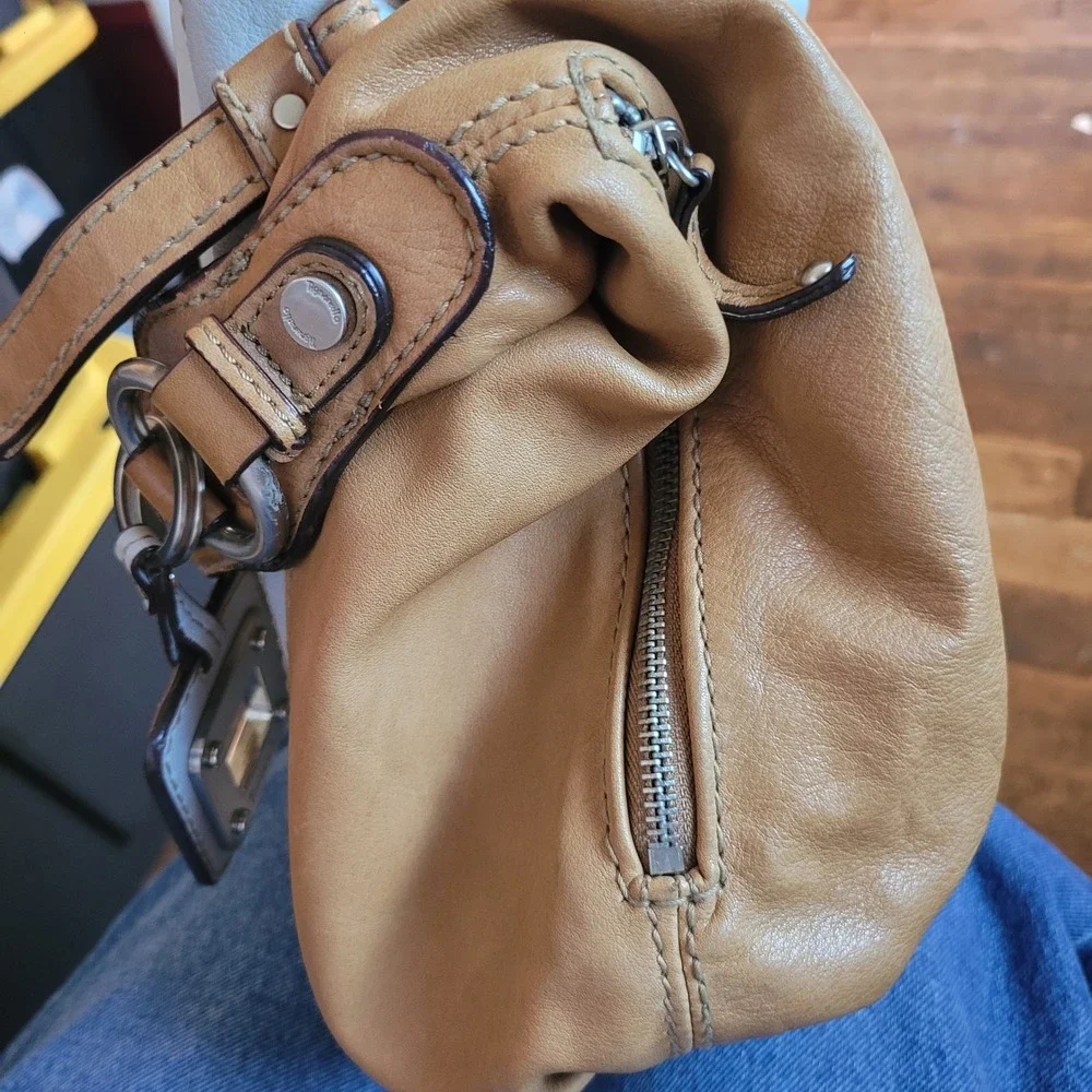 Tignanello‎ Leather Colorblock Hobo Shoulder Bag Purse Y2K Tan Cream Striped Vtg